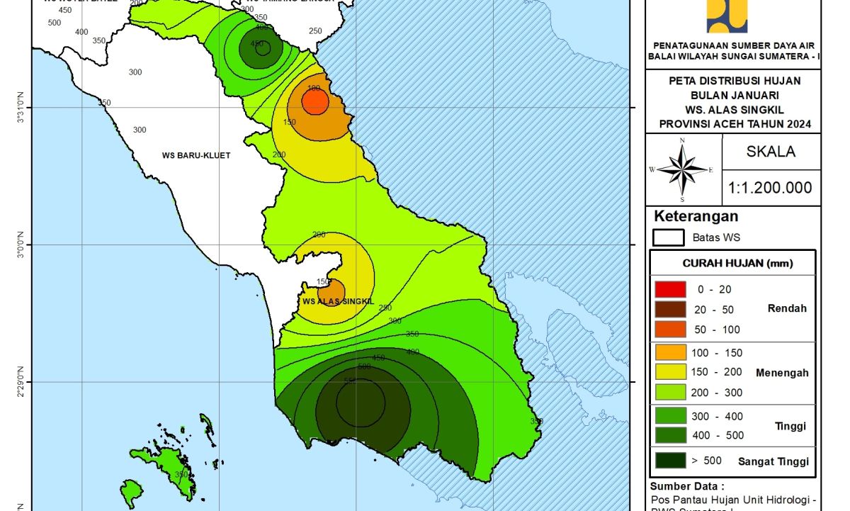 Peta Analisa Distribusi Hujan Januari 2024 WS. Alas SIngkil