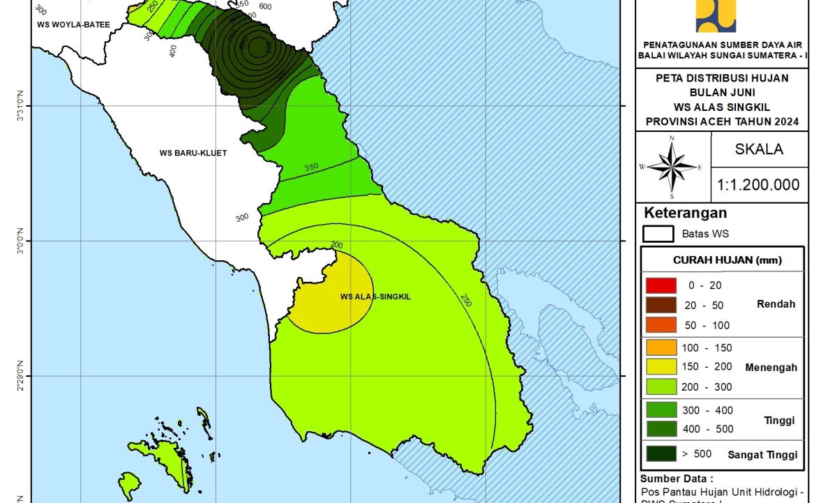 Peta Analisa Distribusi Hujan WS Aceh Alas Singkil Juni 2024