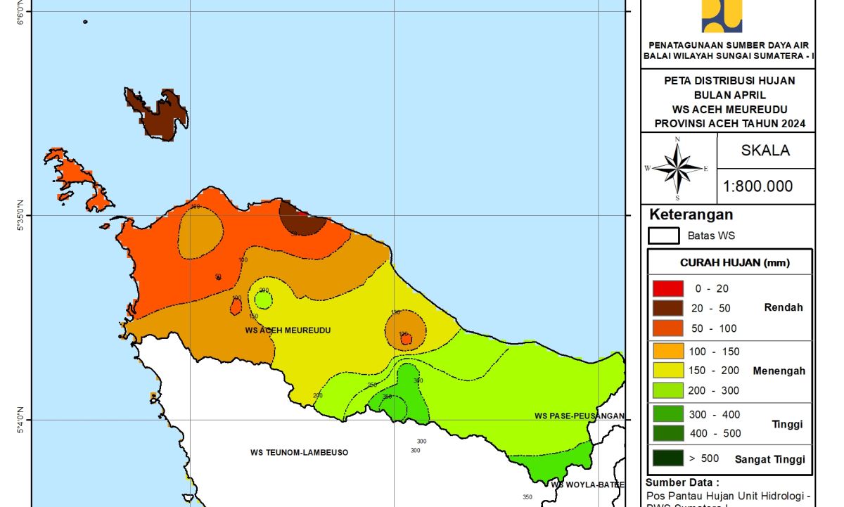 Peta Analisa Distribusi Hujan WS Aceh Meureudu April 2024