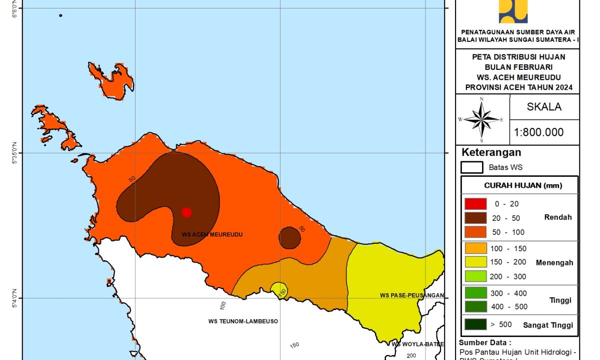 Peta Analisa Distribusi Hujan WS Aceh Meureudu Februari 2024