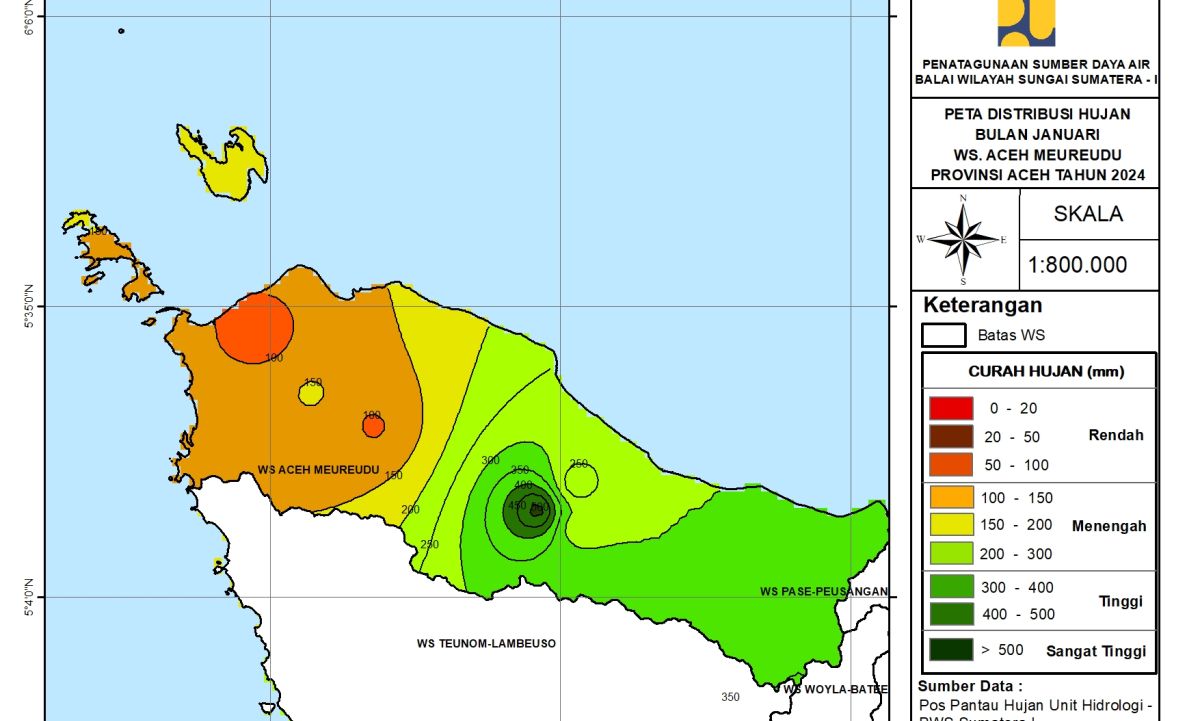 Peta Analisa Distribusi Hujan WS Aceh Meureudu Januari 2024