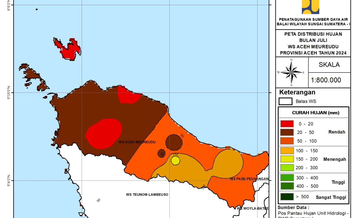 Peta Analisa Distribusi Hujan WS Aceh Meureudu Juli 2024