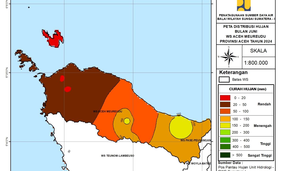 Peta Analisa Distribusi Hujan WS Aceh Meureudu Juni 2024