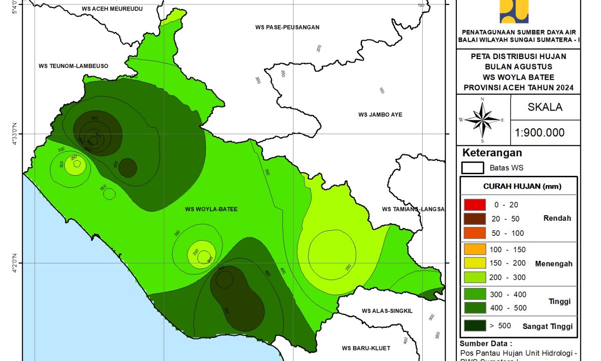 Peta Analisa Distribusi Hujan WS Aceh Woyla Bateu Agustus 2024