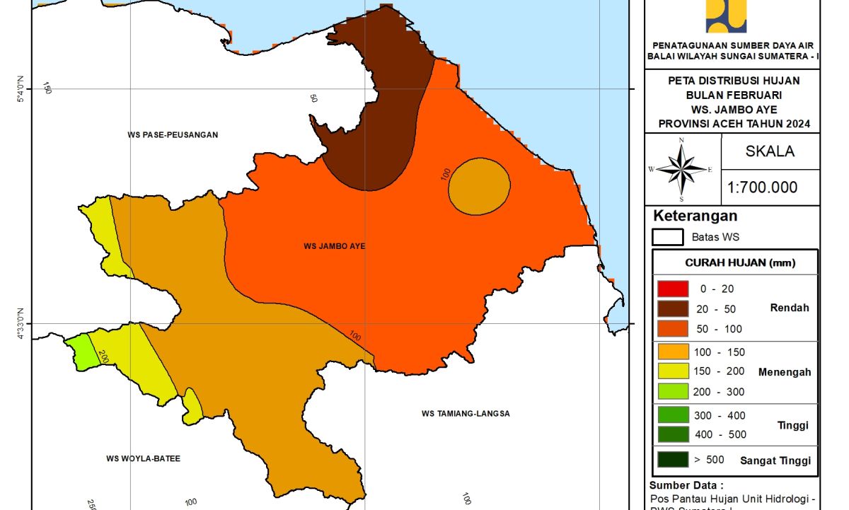 Peta Analisa Distribusi Hujan WS Jambo Aye Februari 2024