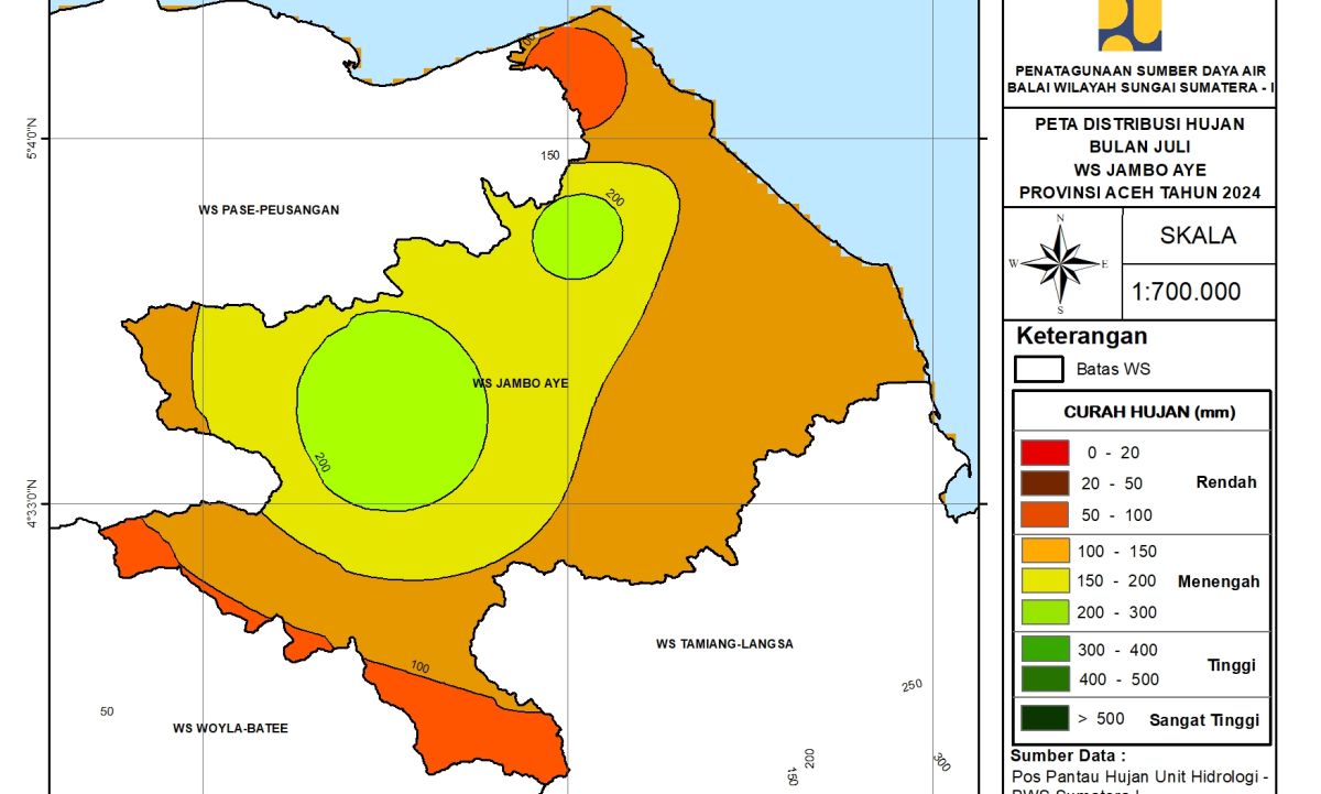 Peta Analisa Distribusi Hujan WS Jambo Aye Juli 2024