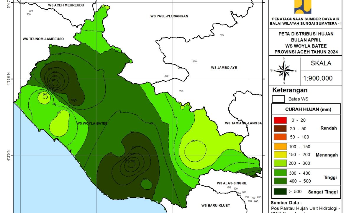 Peta Analisa Distribusi Hujan WS Woyla Batee April 2024