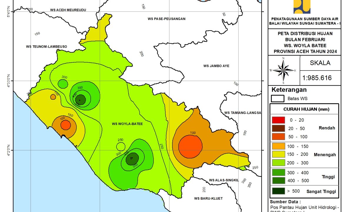 Peta Analisa Distribusi Hujan WS Woyla Bateu Februari 2024
