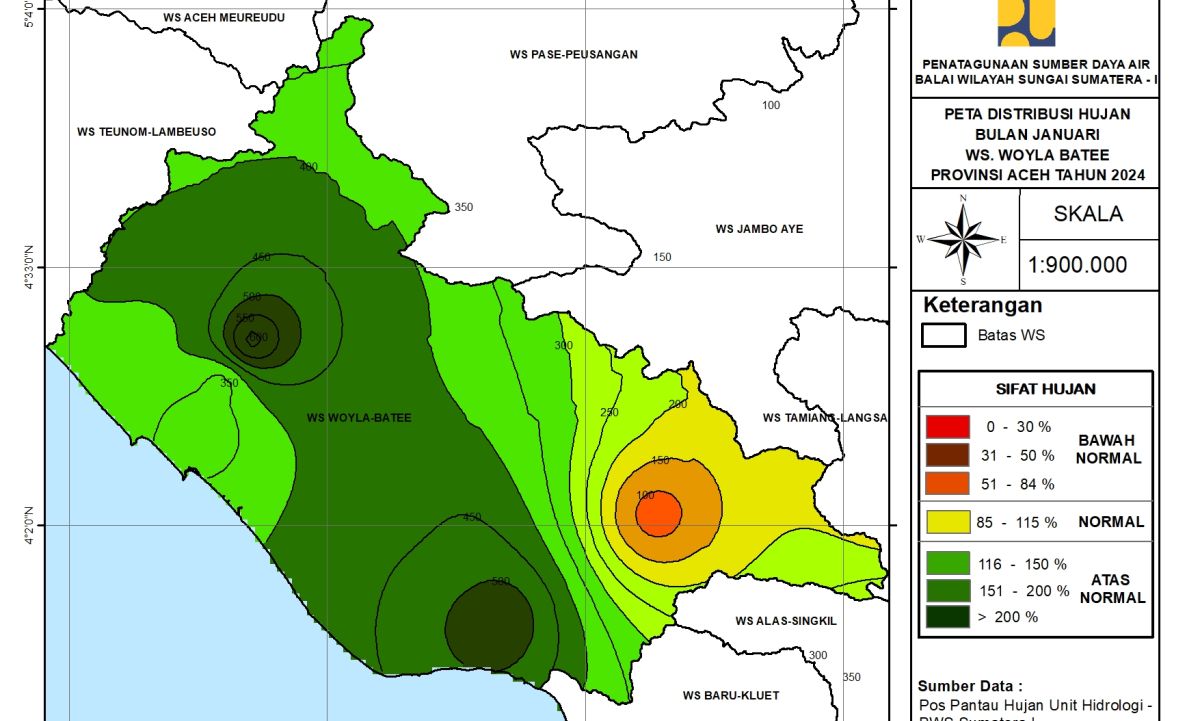 Peta Analisa Distribusi Hujan WS Woyla Bateu Januari 2024