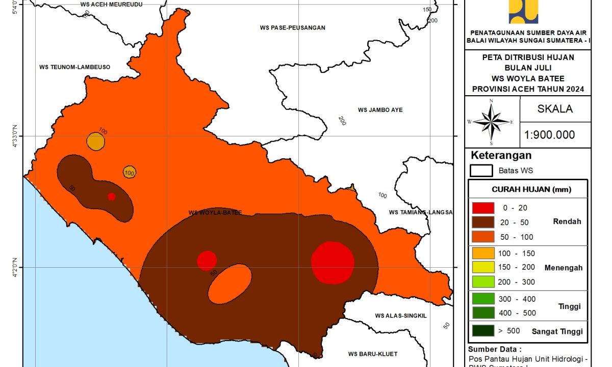 Peta Analisa Distribusi Hujan WS Woyla Bateu Juli 2024