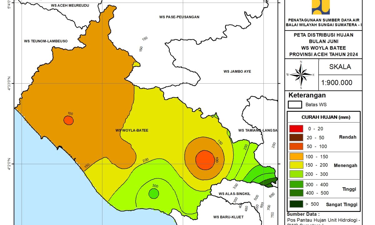 Peta Analisa Distribusi Hujan WS Woyla Bateu Juni 2024