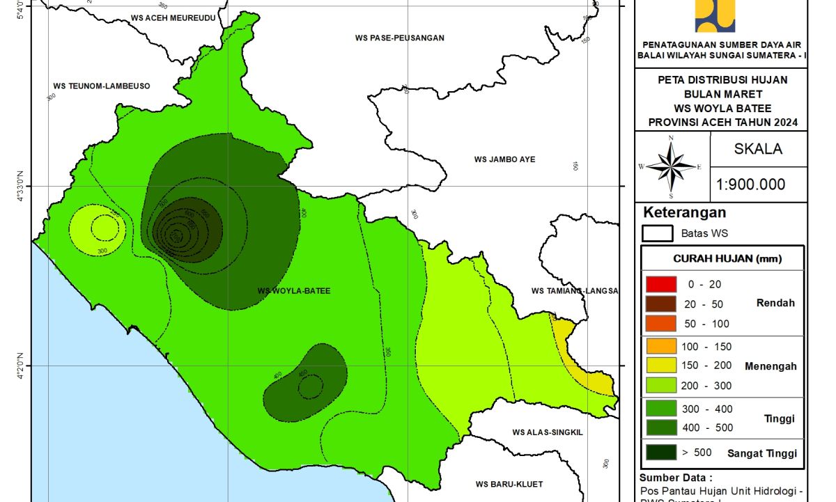 Peta Analisa Distribusi Hujan WS Woyla Bateu Maret 2024