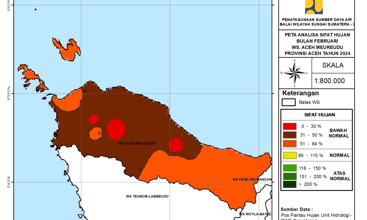 Peta Analisa Sifat Hujan WS Aceh Meureudu Februari 2024