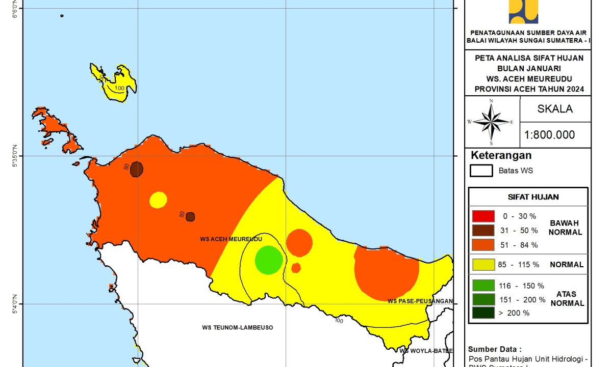 Peta Analisa Sifat Hujan WS Aceh Meureudu Januari 2024