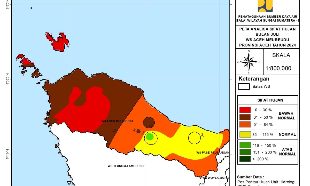 Peta Analisa Sifat Hujan WS Aceh Meureudu Juli 2024