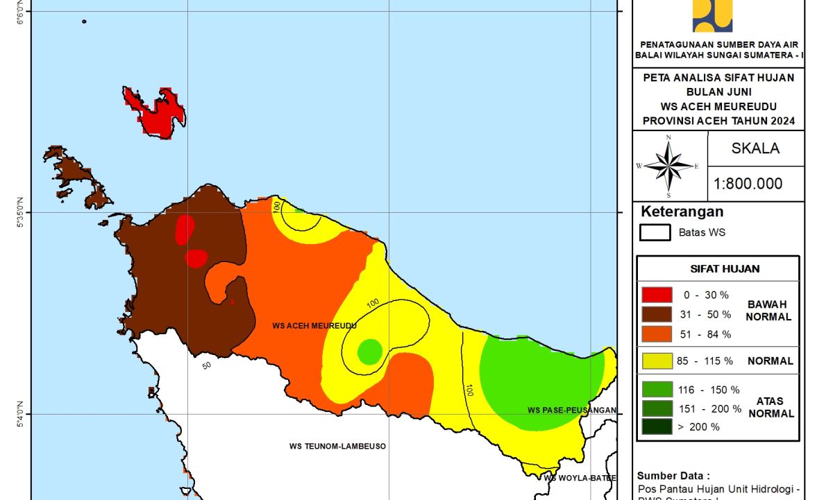 Peta Analisa Sifat Hujan WS Aceh Meureudu Juni 2024