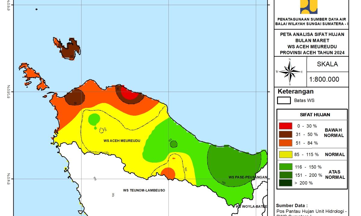 Peta Analisa Sifat Hujan WS Aceh Meureudu Maret 2024