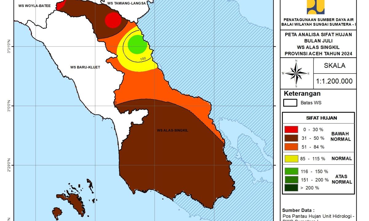 Peta Analisa Sifat Hujan WS Alas Singkil Juli 2024
