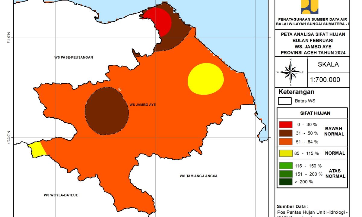 Peta Analisa Sifat Hujan WS Jambo Aye Februari 2024