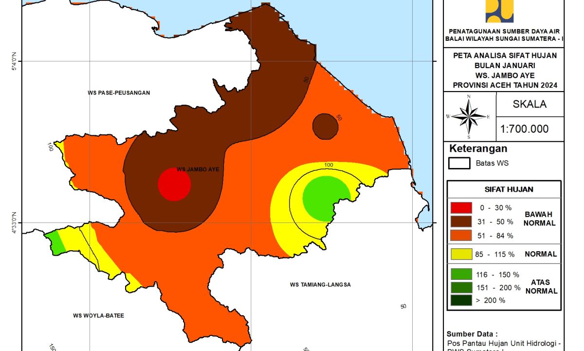 Peta Analisa Sifat Hujan WS Jambo Aye Januari 2024