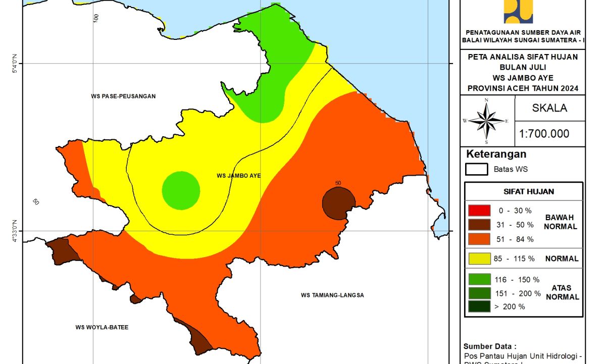 Peta Analisa Sifat Hujan WS Jambo Aye Juli 2024