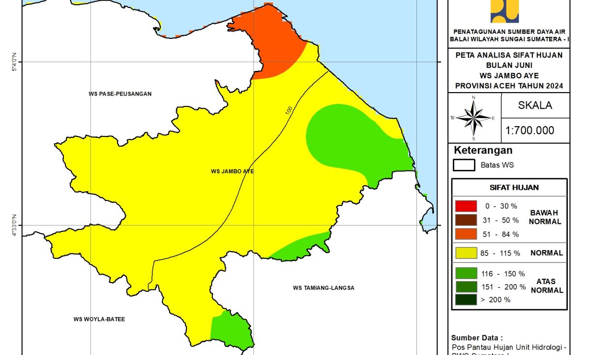 Peta Analisa Sifat Hujan WS Jambo Aye Juni 2024