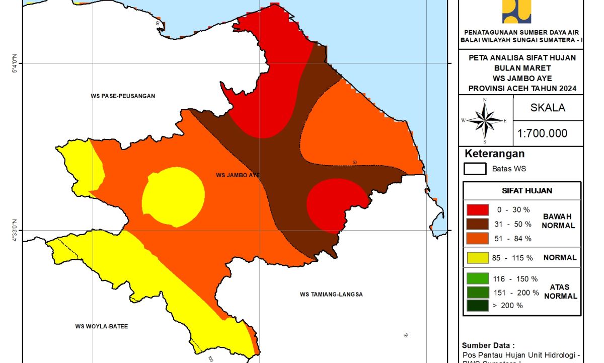 Peta Analisa Sifat Hujan WS Jambo Aye Maret 2024
