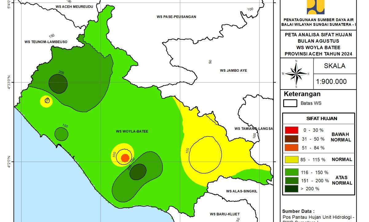 Peta Analisa Sifat Hujan WS Woyla Bateu Agustus 2024