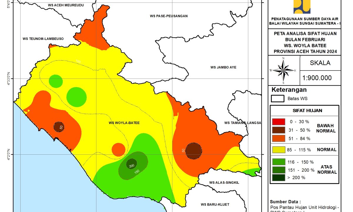Peta Analisa Sifat Hujan WS Woyla Bateu Februari 2024