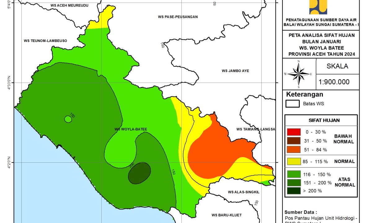Peta Analisa Sifat Hujan WS Woyla Bateu Januari 2024