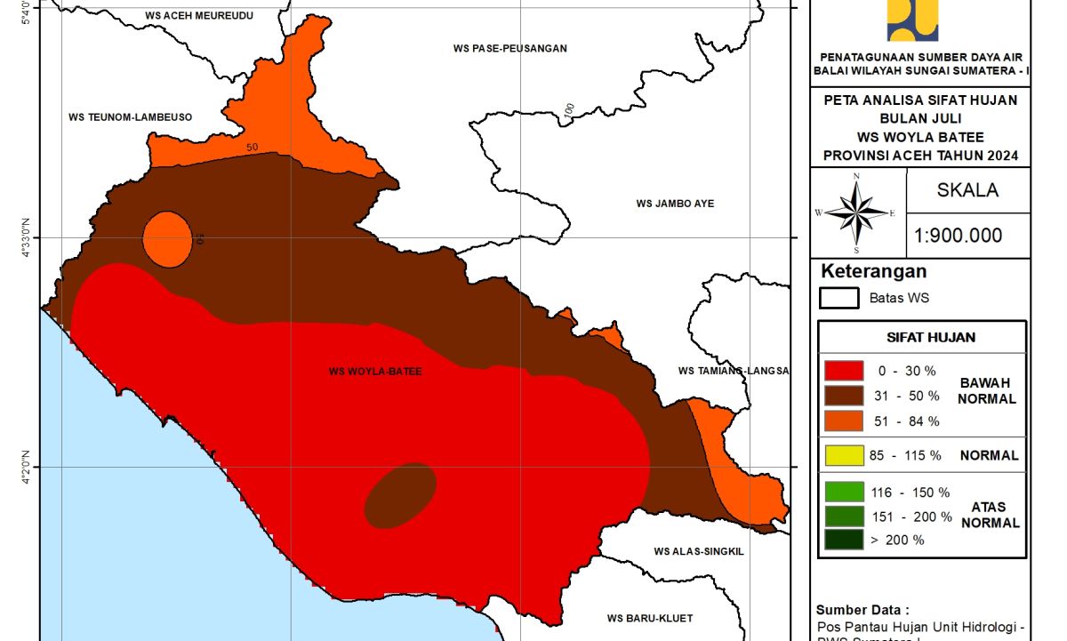 Peta Analisa Sifat Hujan WS Woyla Bateu Juli 2024