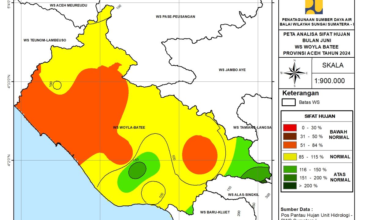 Peta Analisa Sifat Hujan WS Woyla Bateu Juni 2024