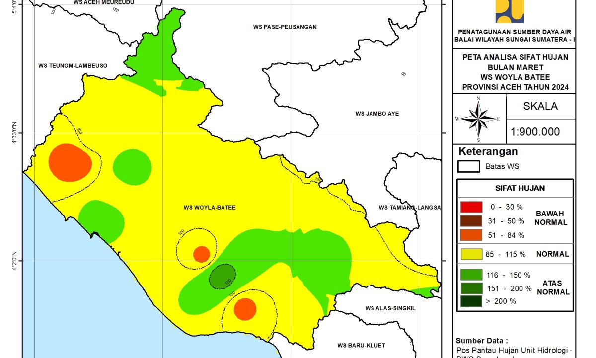 Peta Analisa Sifat Hujan WS Woyla Bateu Maret 2024