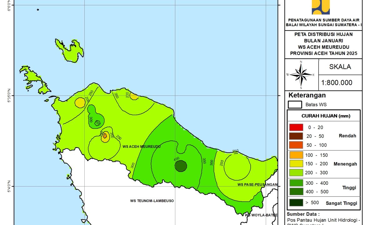 Peta Distribusi Hujan WS Aceh Meureudu Januari 2025