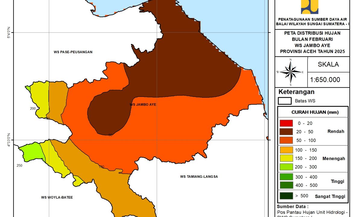 Peta Distribusi Hujan WS Jambo Aye Februari 2025